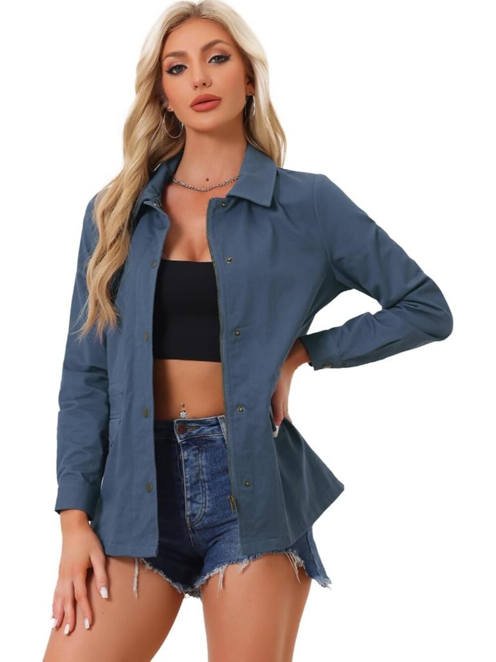 Women's Grey Blue Zip Up Buttons Drawstring Waist Pockets Anorak Utility Jacket